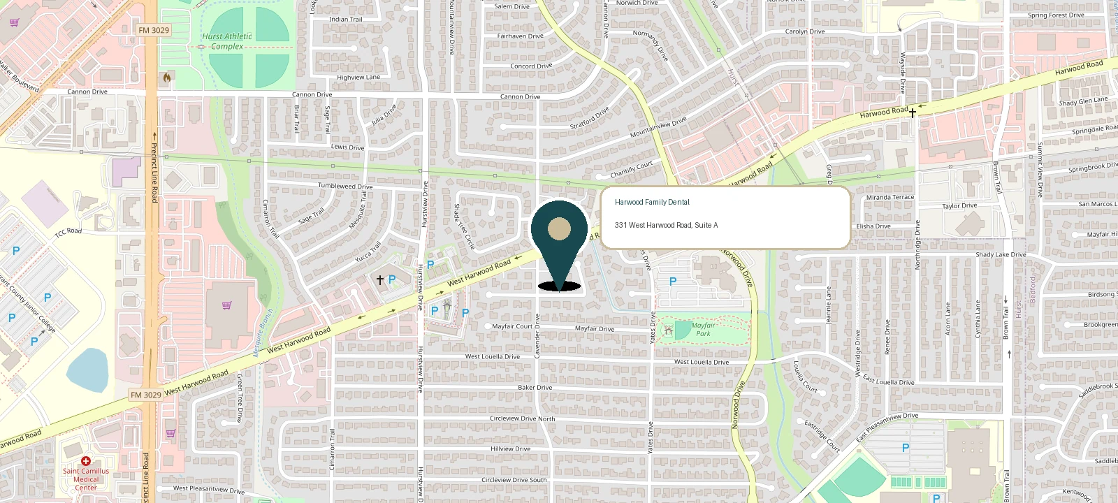 Harwood Family Dental location map with a pin at 331 West Harwood Road, Suite A