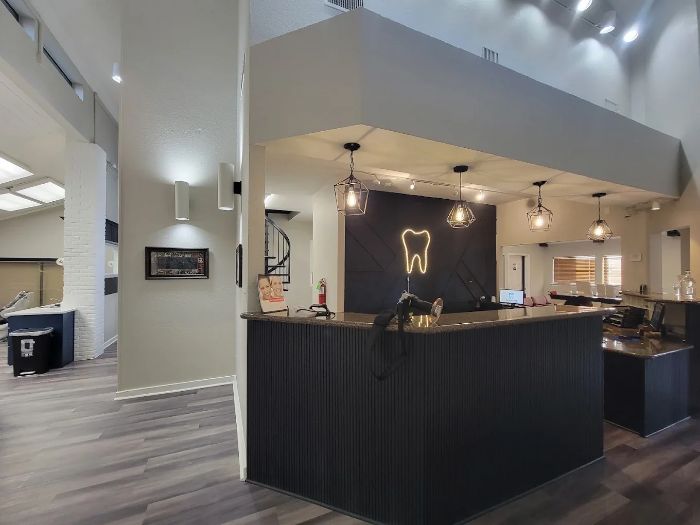 The front desk and reception area at Harwood Family Dental